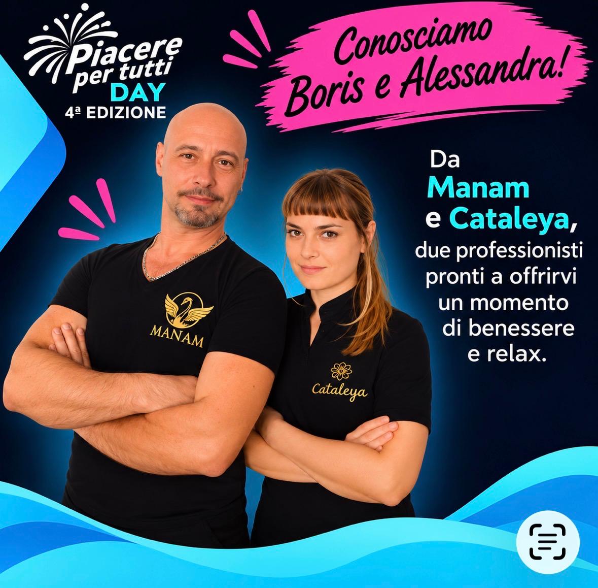 Due professionisti( Boris e Alessandra in maglietta nera, braccia incrociate, sfondo blu con scritte promozionali e fuochi rosa.